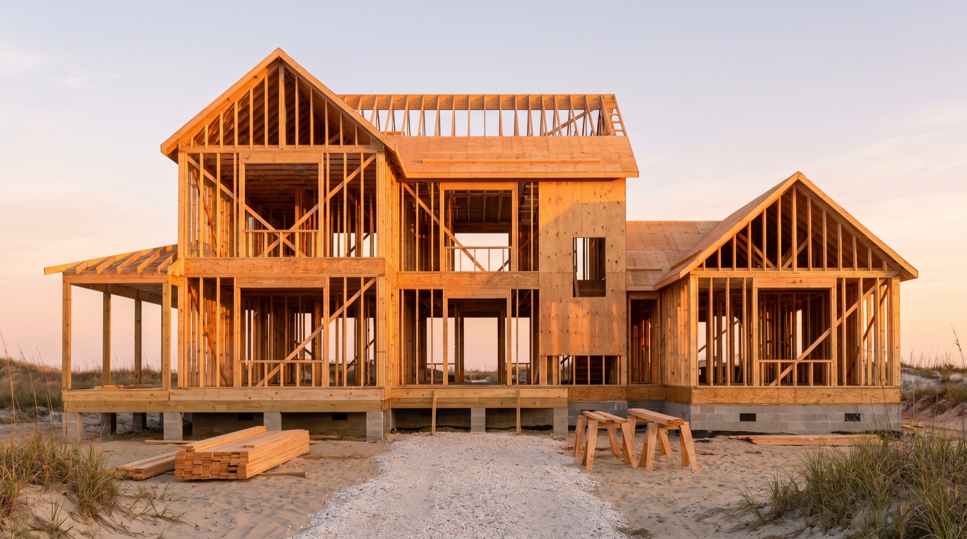 Custom coastal home under construction — timber framing by Northstar Custom Works