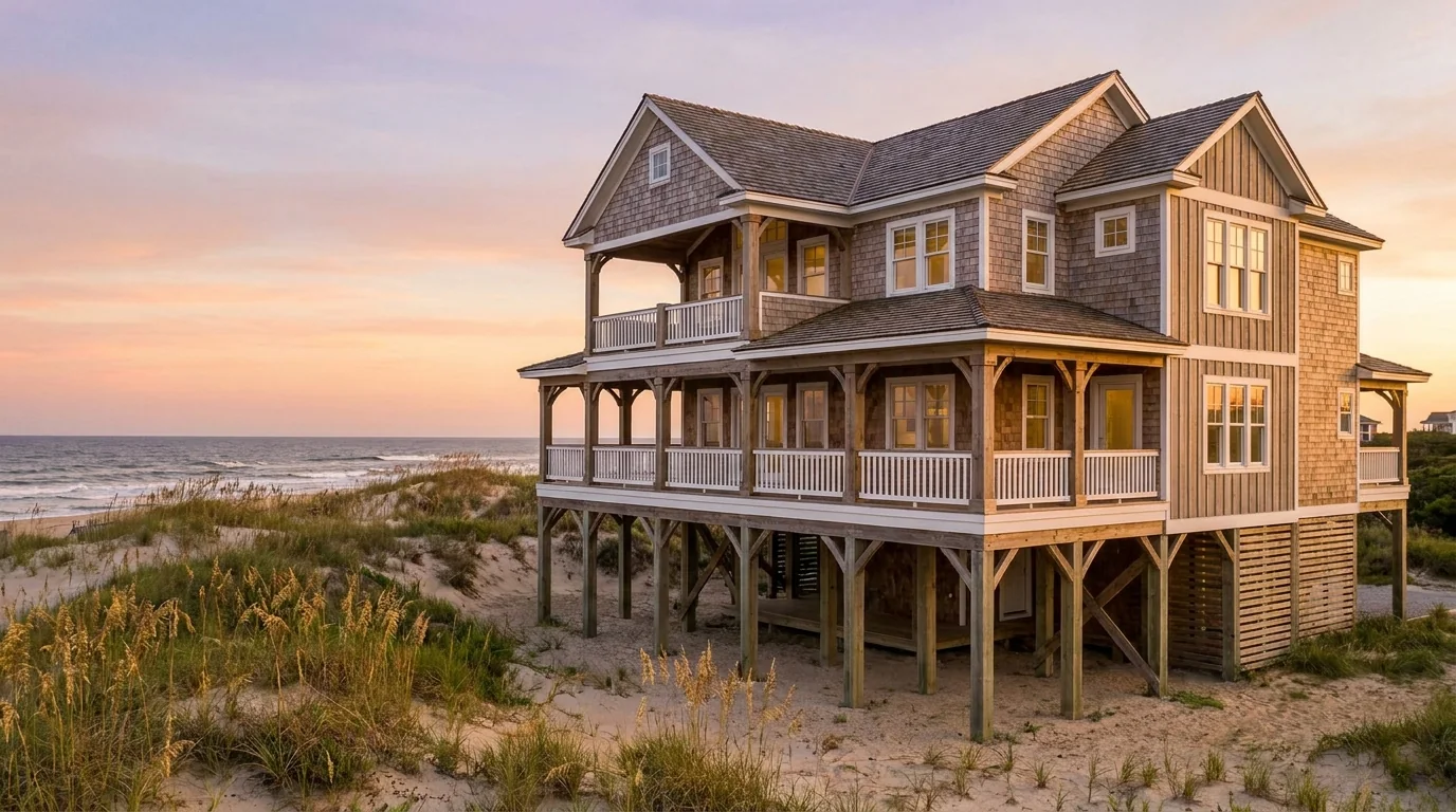 A raised coastal cottage on Oak Island, NC, the kind of elevated beach home Northstar Custom Works builds on pilings