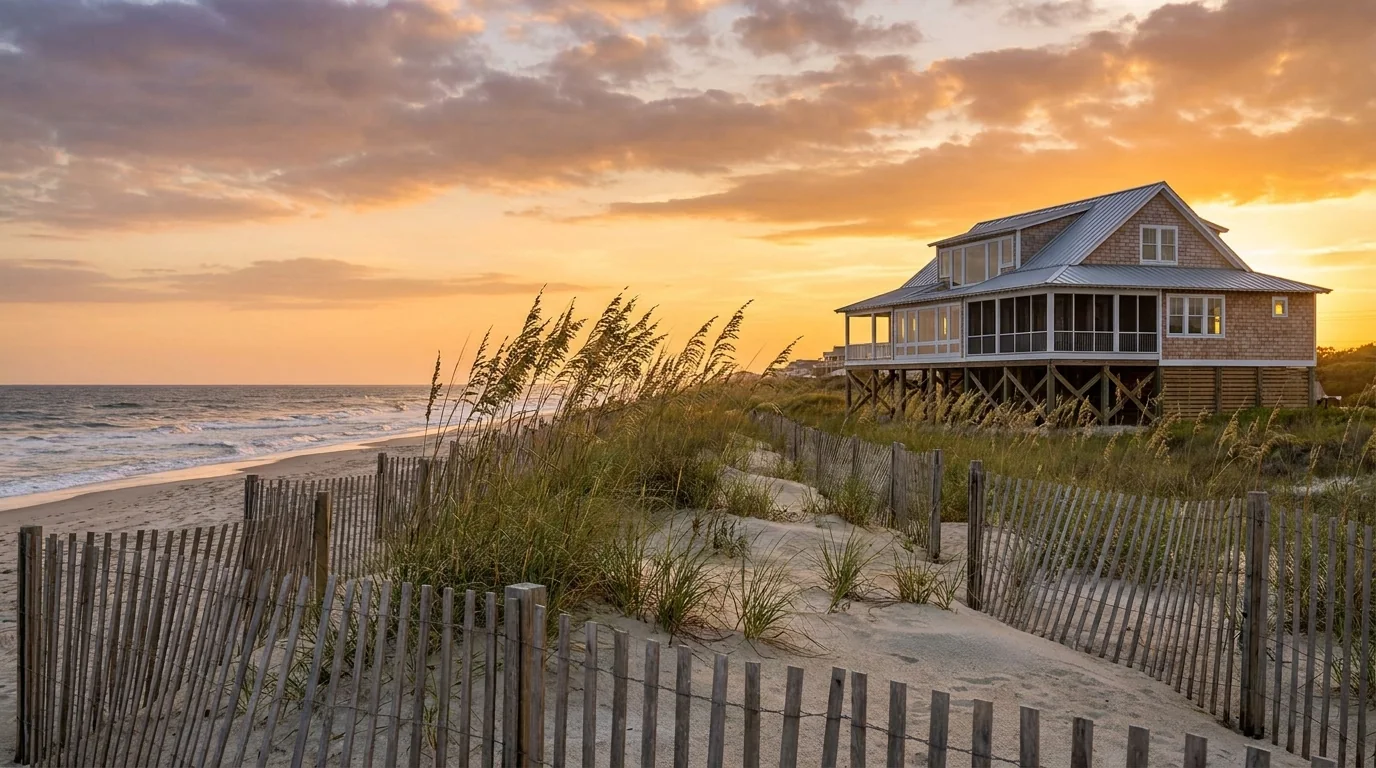 An elevated luxury beach home on the Oak Island, NC oceanfront at sunset, the kind Northstar Custom Works builds on pilings