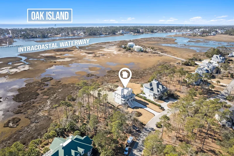 Drone view of the beach house and surrounding tidal marsh on the southern North Carolina coast