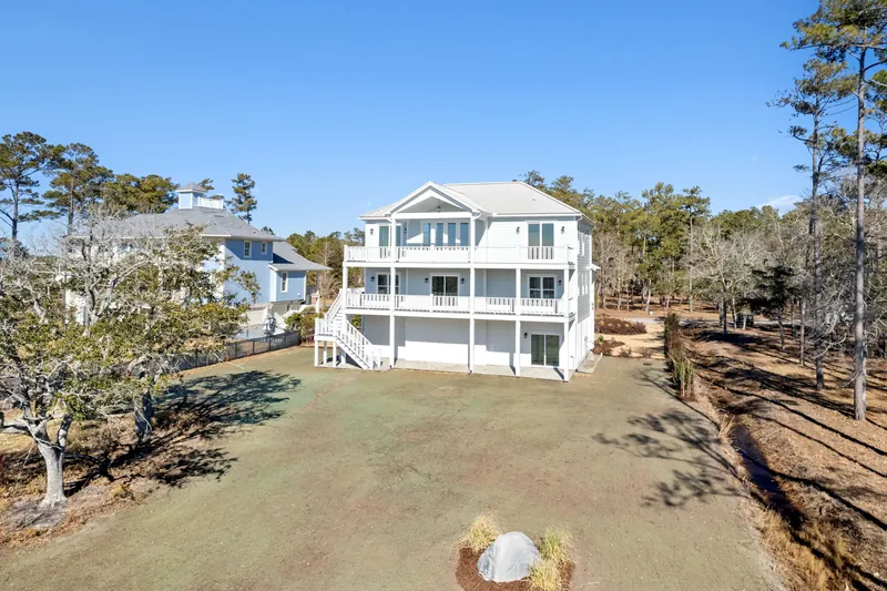 Front exterior of the raised custom beach house in Southport, NC