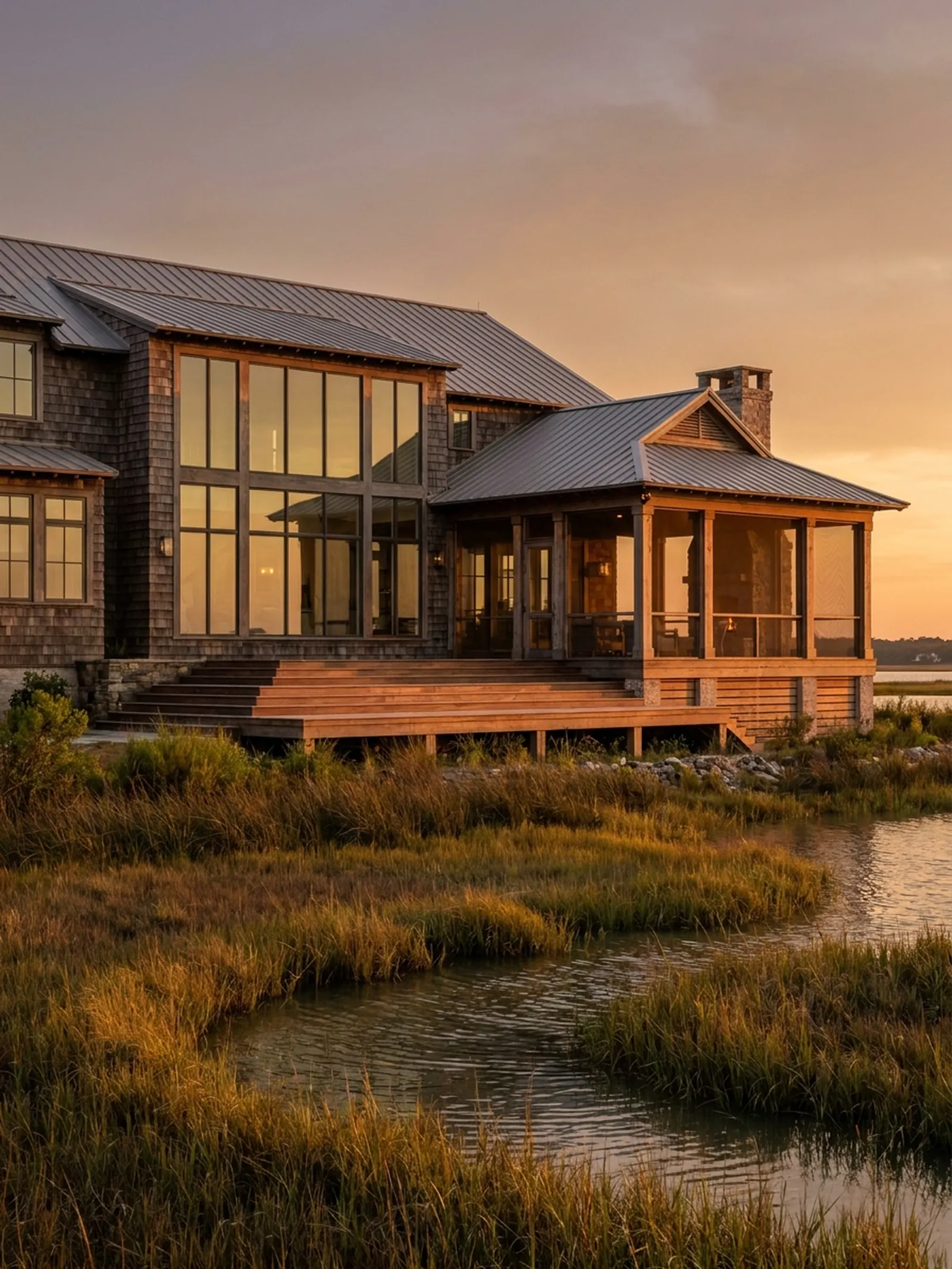 Rear elevation of a custom home with large window walls built by Northstar Custom Works on the southern North Carolina coast
