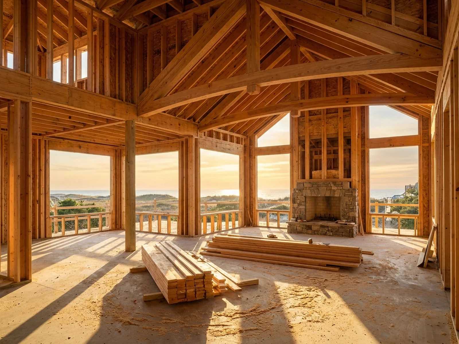Open stud framing of a custom home under construction by Northstar Custom Works on the southern North Carolina coast