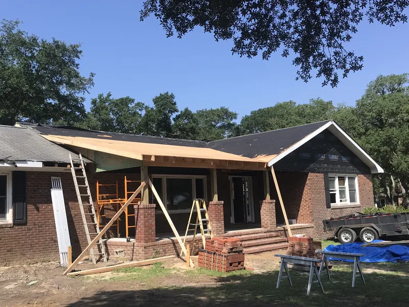 Covered porch framing on a coastal custom home near Oak Island, NC